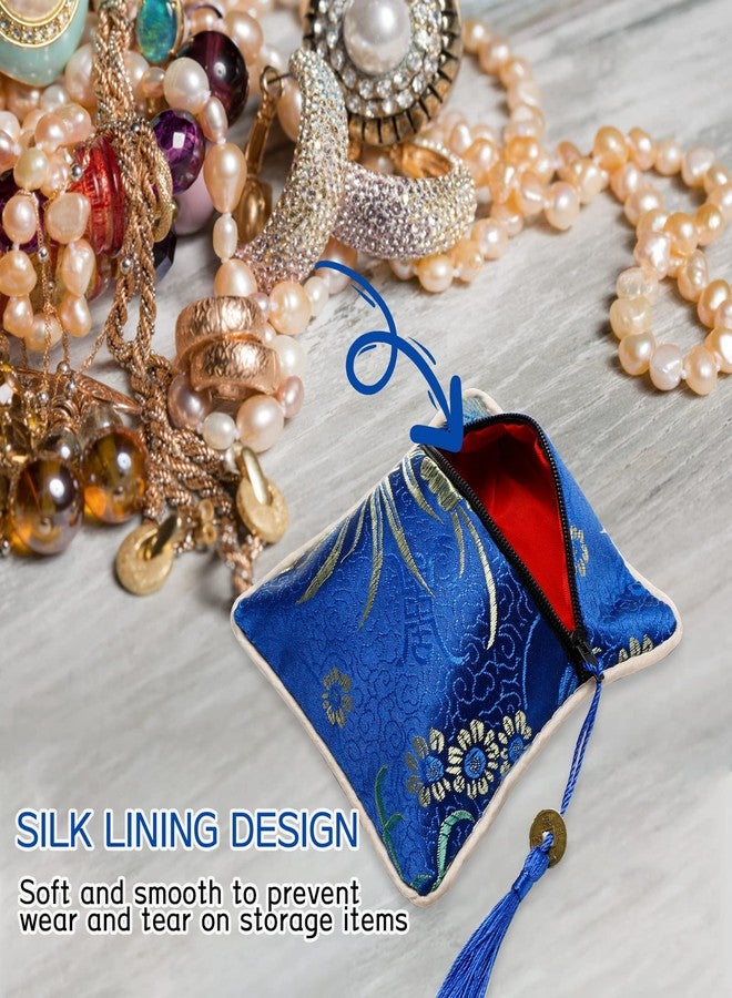 Onukaly 5PCS Jewelry Silk Purse Pouch, Chinese Silk Style Zipper Brocade Embroidered Bag for Women Coin Wallet (Deep Blue) - Image 4