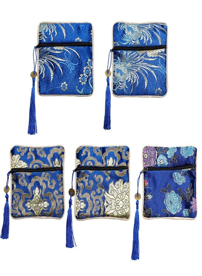 Onukaly 5PCS Jewelry Silk Purse Pouch, Chinese Silk Style Zipper Brocade Embroidered Bag for Women Coin Wallet (Deep Blue) - Image 1