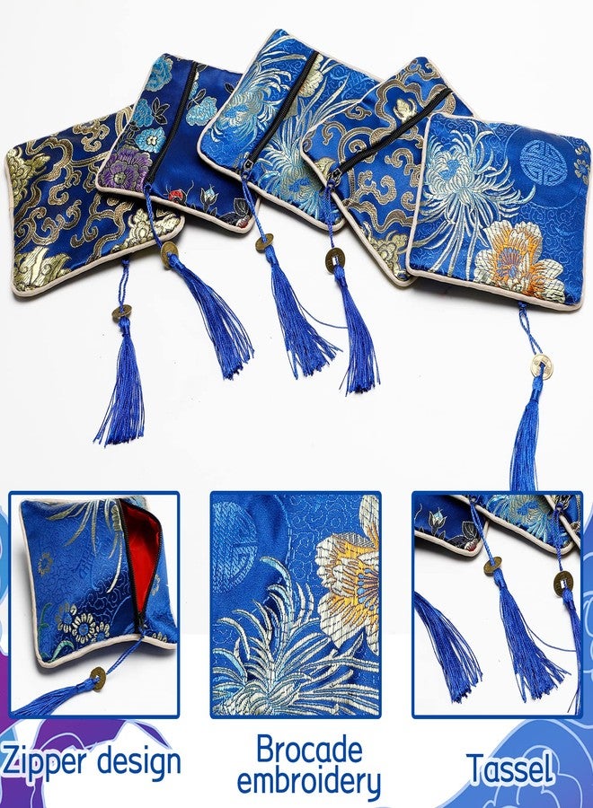 Onukaly 5PCS Jewelry Silk Purse Pouch, Chinese Silk Style Zipper Brocade Embroidered Bag for Women Coin Wallet (Deep Blue) - Image 2