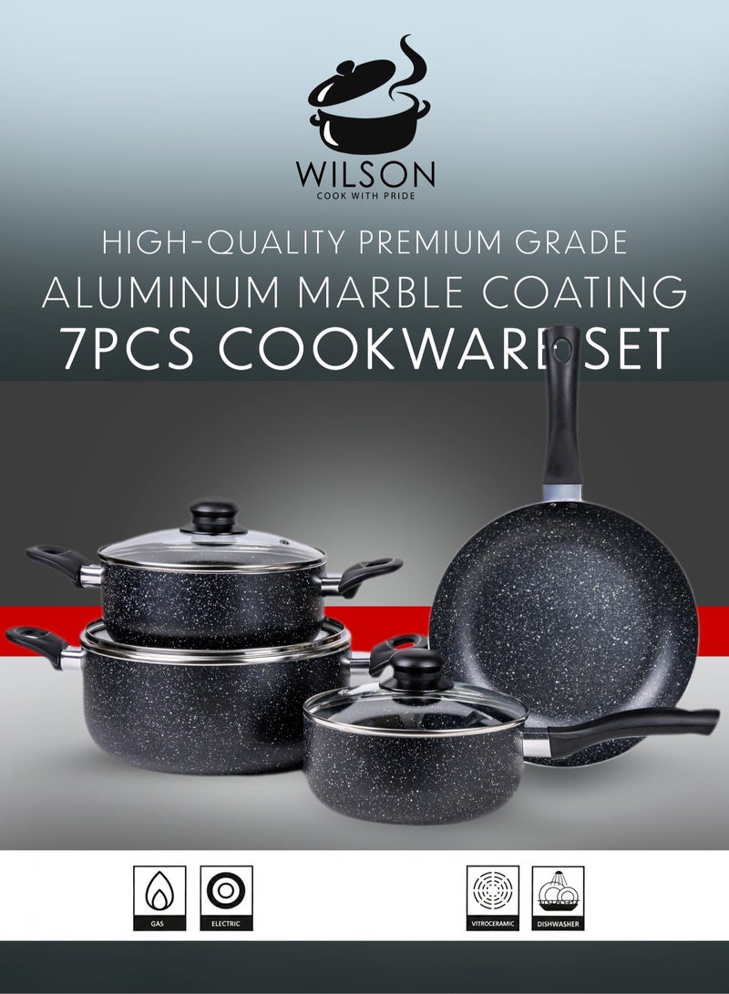 ويلسون طقم أواني طهي ويلسون 7 قطع ألمنيوم بطلاء رخامي غير لاصق مع أغطية زجاجية – لون أسود - Image 1