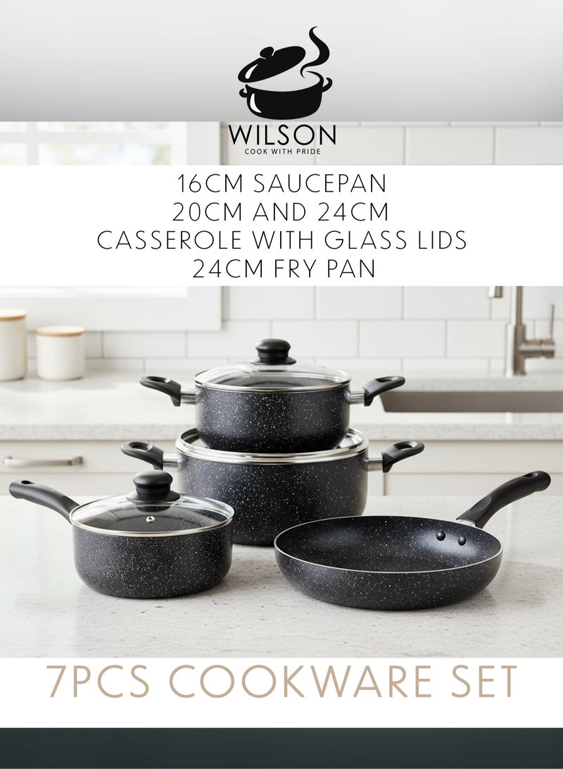 ويلسون طقم أواني طهي ويلسون 7 قطع ألمنيوم بطلاء رخامي غير لاصق مع أغطية زجاجية – لون أسود - Image 2