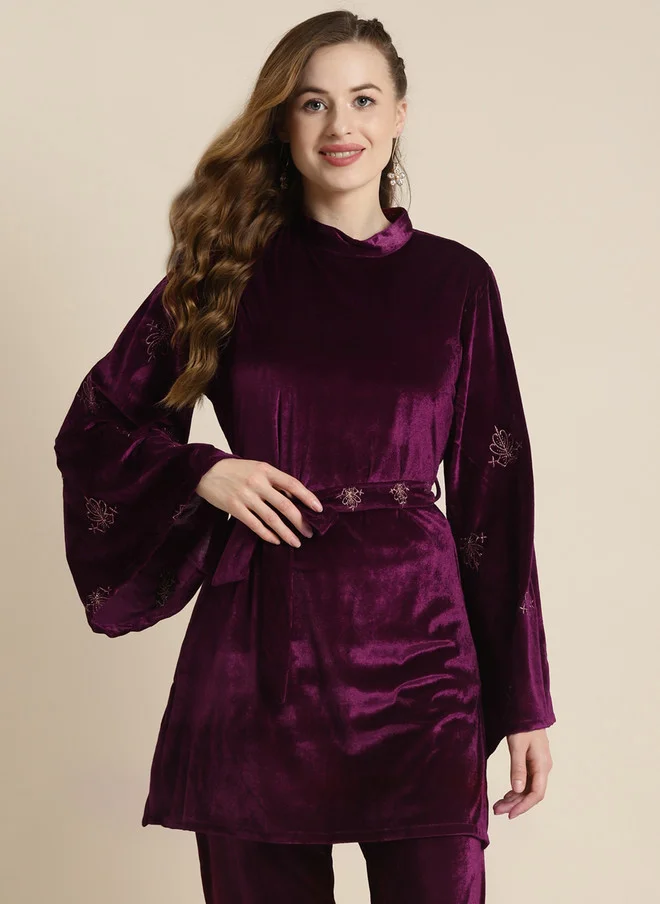 Purple Velvet Kurti With Flared Sleeves For Women