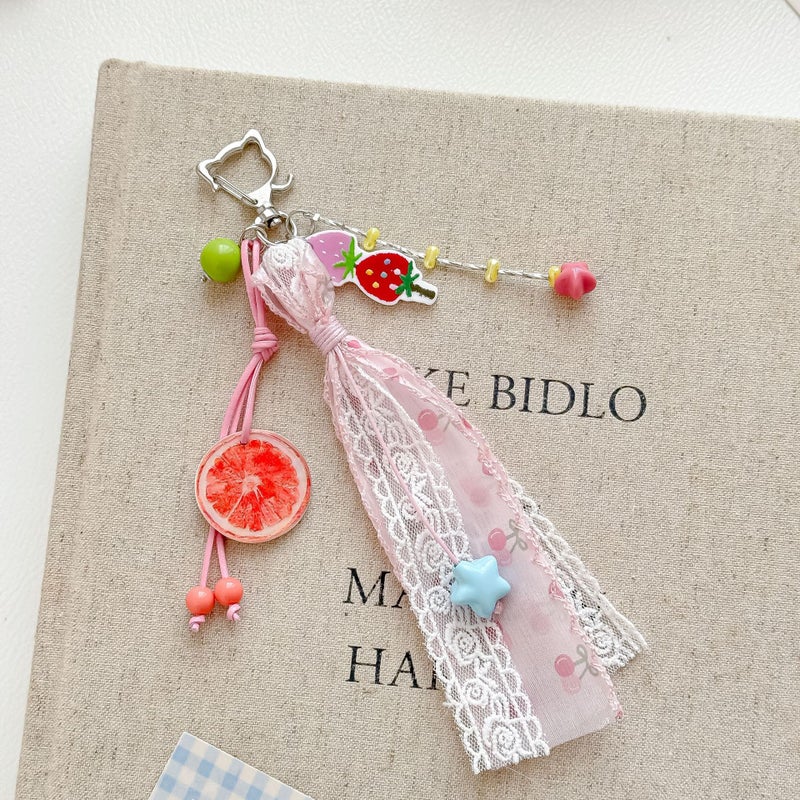 Sweet Strawberry Keychain with Lace Ribbon - Image 2