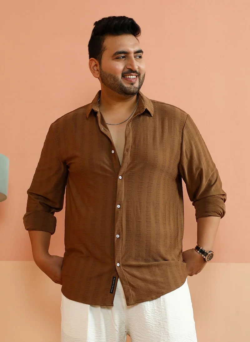 Instafab Plus Instafab Plus Men's Mocha Brown Ripple-Panel Tactile Shirt For Casual Wear | Spread Collar | Long Cuffed Sleeves | Button Closure | Plus Size Shirt Crafted With Comfort Fit For Everyday Wear