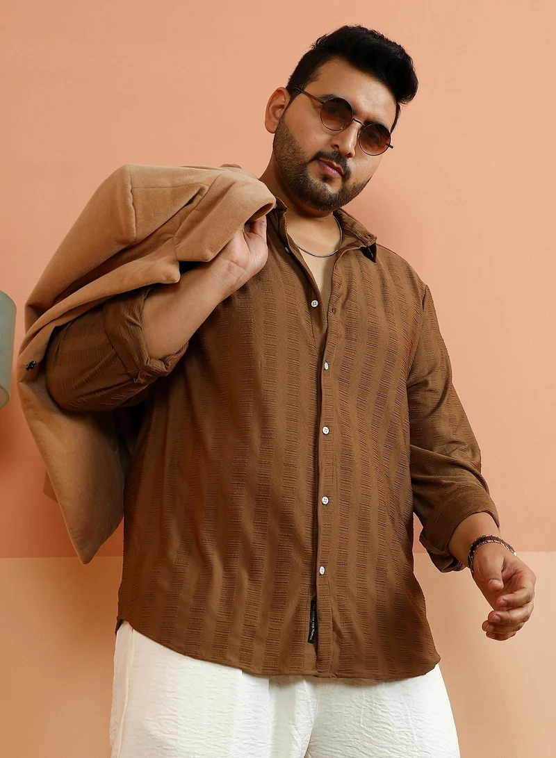 Instafab Plus Instafab Plus Men's Mocha Brown Ripple-Panel Tactile Shirt For Casual Wear | Spread Collar | Long Cuffed Sleeves | Button Closure | Plus Size Shirt Crafted With Comfort Fit For Everyday Wear