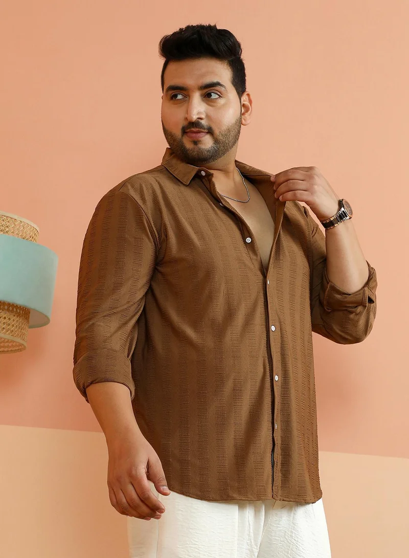 Instafab Plus  Instafab Plus Men's Mocha Brown Ripple-Panel Tactile Shirt For Casual Wear | Spread Collar | Long Cuffed Sleeves | Button Closure | Plus Size Shirt Crafted With Comfort Fit For Everyday Wear for Men | Best Price UAE