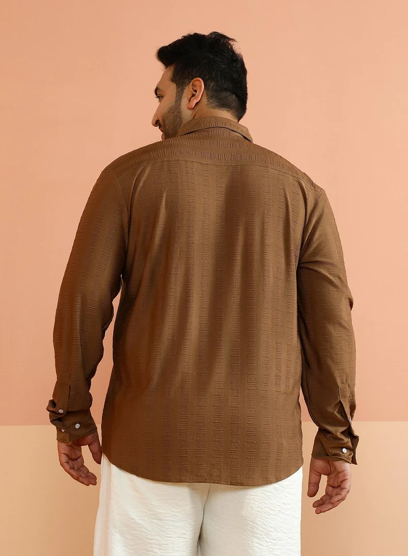 Instafab Plus  Instafab Plus Men's Mocha Brown Ripple-Panel Tactile Shirt For Casual Wear | Spread Collar | Long Cuffed Sleeves | Button Closure | Plus Size Shirt Crafted With Comfort Fit For Everyday Wear for Men | Best Price UAE