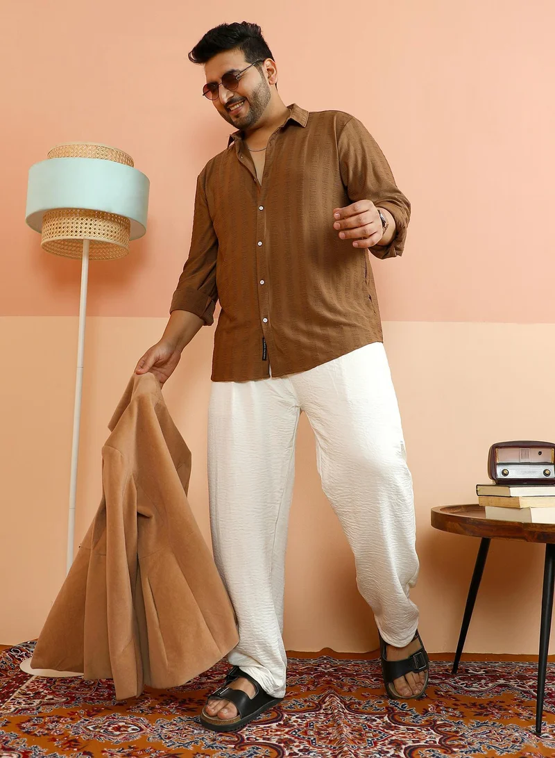 Instafab Plus  Instafab Plus Men's Mocha Brown Ripple-Panel Tactile Shirt For Casual Wear | Spread Collar | Long Cuffed Sleeves | Button Closure | Plus Size Shirt Crafted With Comfort Fit For Everyday Wear for Men | Best Price UAE