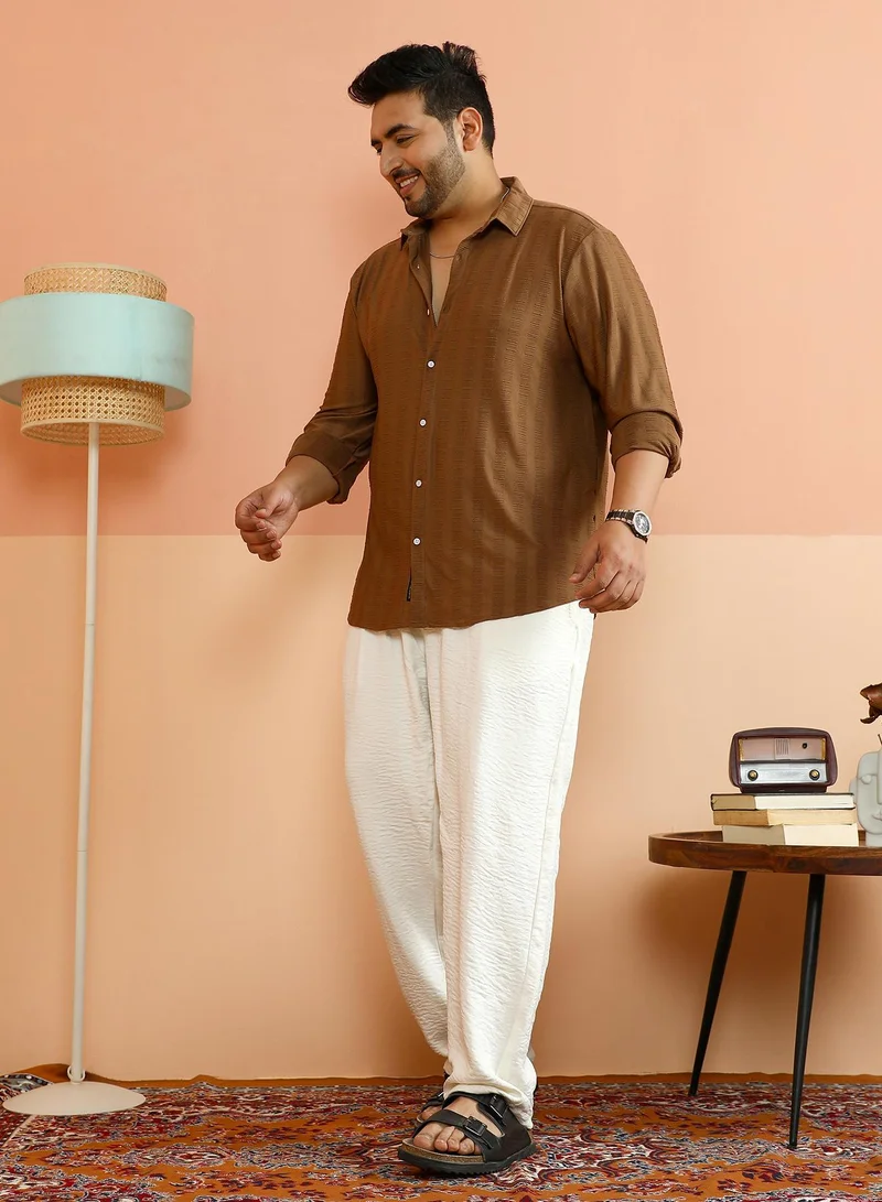 Instafab Plus  Instafab Plus Men's Mocha Brown Ripple-Panel Tactile Shirt For Casual Wear | Spread Collar | Long Cuffed Sleeves | Button Closure | Plus Size Shirt Crafted With Comfort Fit For Everyday Wear for Men | Best Price UAE