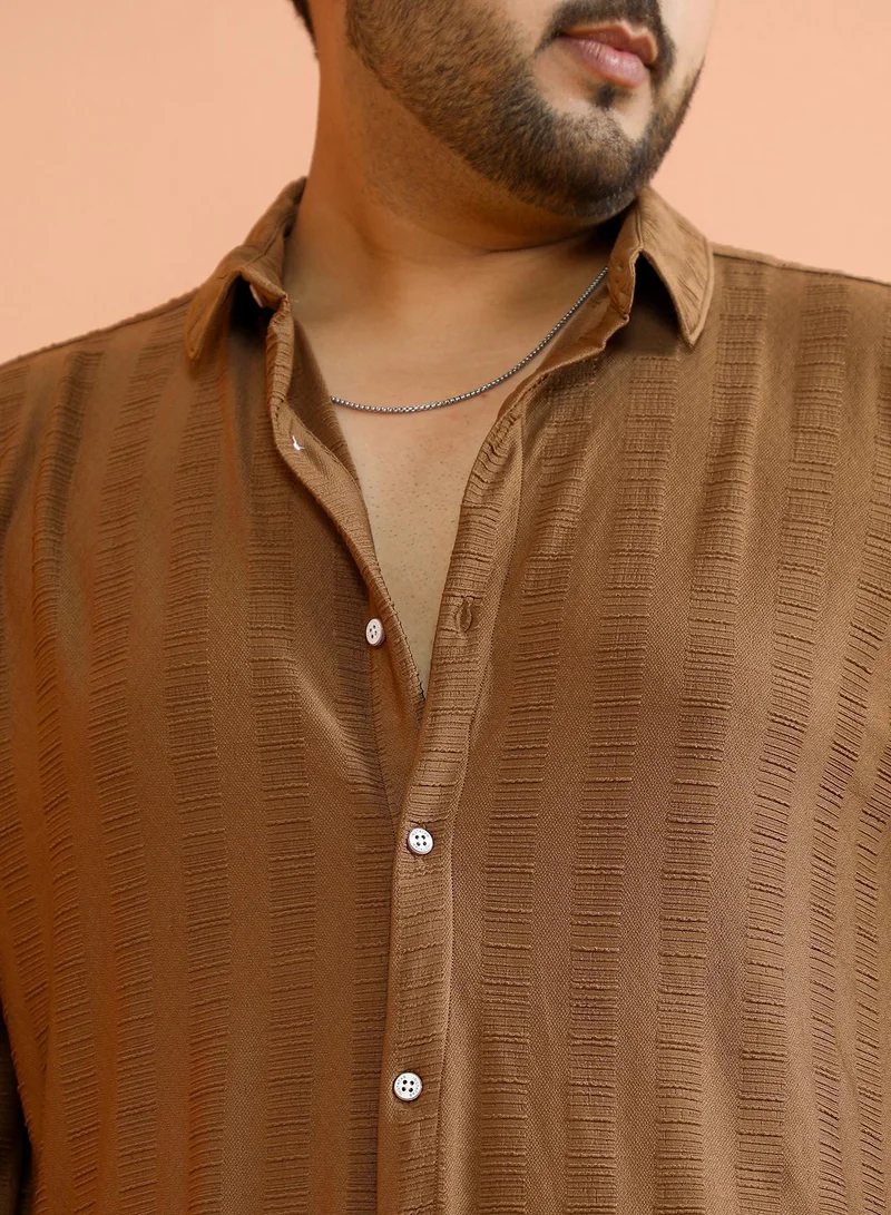 Instafab Plus  Instafab Plus Men's Mocha Brown Ripple-Panel Tactile Shirt For Casual Wear | Spread Collar | Long Cuffed Sleeves | Button Closure | Plus Size Shirt Crafted With Comfort Fit For Everyday Wear for Men | Best Price UAE