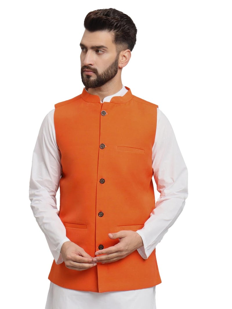 LATEST CHIKAN Men's Traditional Cotton Solid Nehru Jacket/Waistcoat -SADRI-DB-O-38 - Image 1