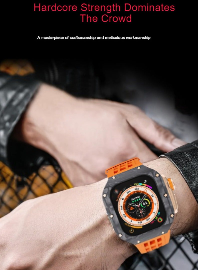 AROAQ Carbon Fiber Case For Apple Watch, 49mm Fluororubber Band Metal Bazel For Iwatch, Ultra Titanium Alloy Integrated Protective Case, (Carbon shell-black titanium frame-grey tape) - Image 2