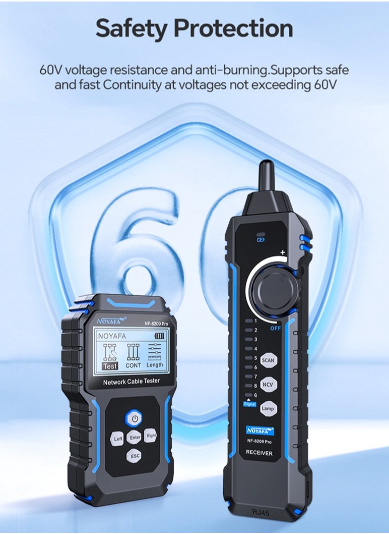 نويافا جهاز اختبار كابلات الشبكة NF-8209Pro، مزود بتقنية PoE وNCV، واختبار طول الكابل، وتحديث المنافذ، ووضع مزدوج من خط إلى خط، ووضع مسح خطي خالٍ من المشاكل، ومتتبع خط CAT5 وCAT6، ومتتبع كابلات شبكة LAN  - Image 3