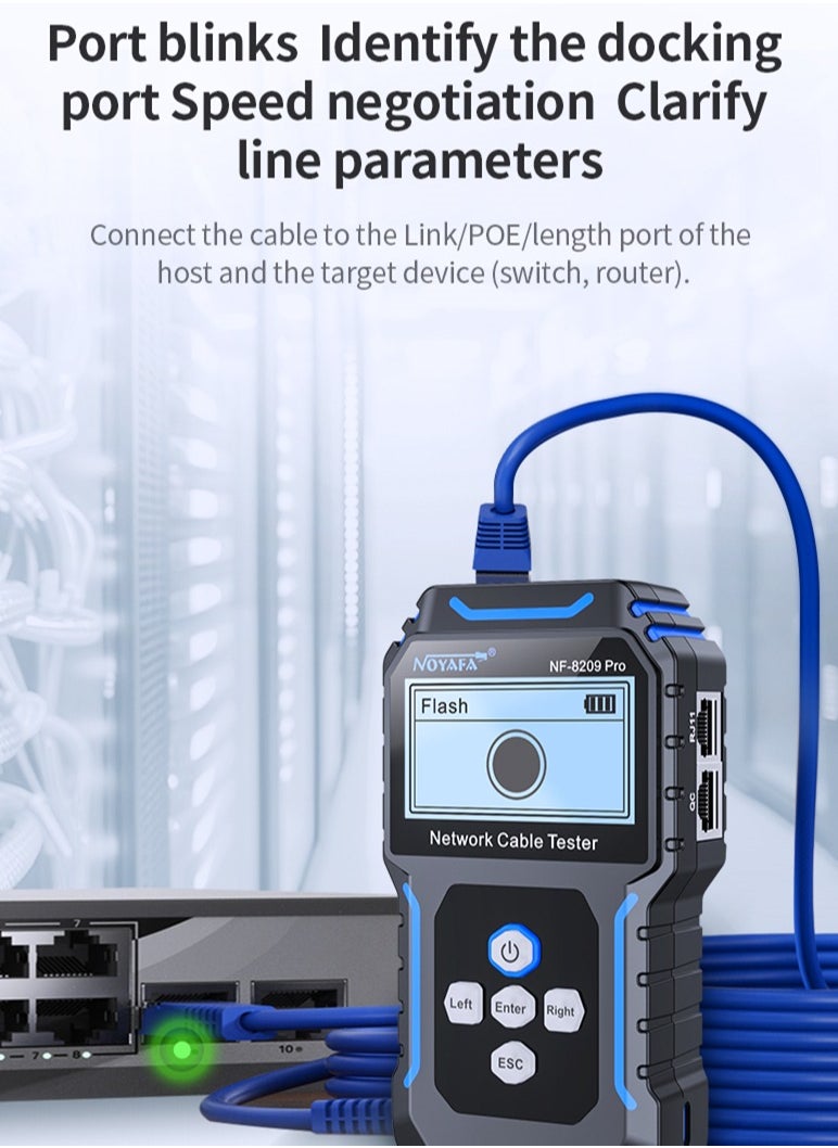 نويافا - جهاز اختبار كابلات الشبكة NF-8209Pro، مزود بتقنية PoE وNCV، واختبار طول الكابل، وتحديث المنافذ، ووضع مزدوج من خط إلى خط، ووضع مسح خطي خالٍ من المشاكل، ومتتبع خط CAT5 وCAT6، ومتتبع كابلات شبكة LAN - Image 1