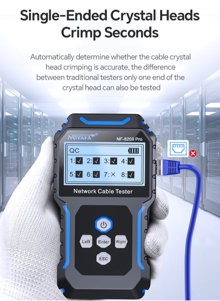 نويافا - جهاز اختبار كابلات الشبكة NF-8209Pro، مزود بتقنية PoE وNCV، واختبار طول الكابل، وتحديث المنافذ، ووضع مزدوج من خط إلى خط، ووضع مسح خطي خالٍ من المشاكل، ومتتبع خط CAT5 وCAT6، ومتتبع كابلات شبكة LAN - Image 1