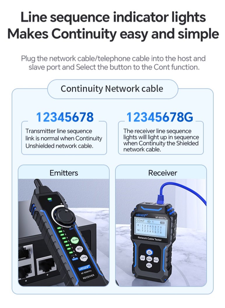 نويافا - جهاز اختبار كابلات الشبكة NF-8209Pro، مزود بتقنية PoE وNCV، واختبار طول الكابل، وتحديث المنافذ، ووضع مزدوج من خط إلى خط، ووضع مسح خطي خالٍ من المشاكل، ومتتبع خط CAT5 وCAT6، ومتتبع كابلات شبكة LAN - Image 1