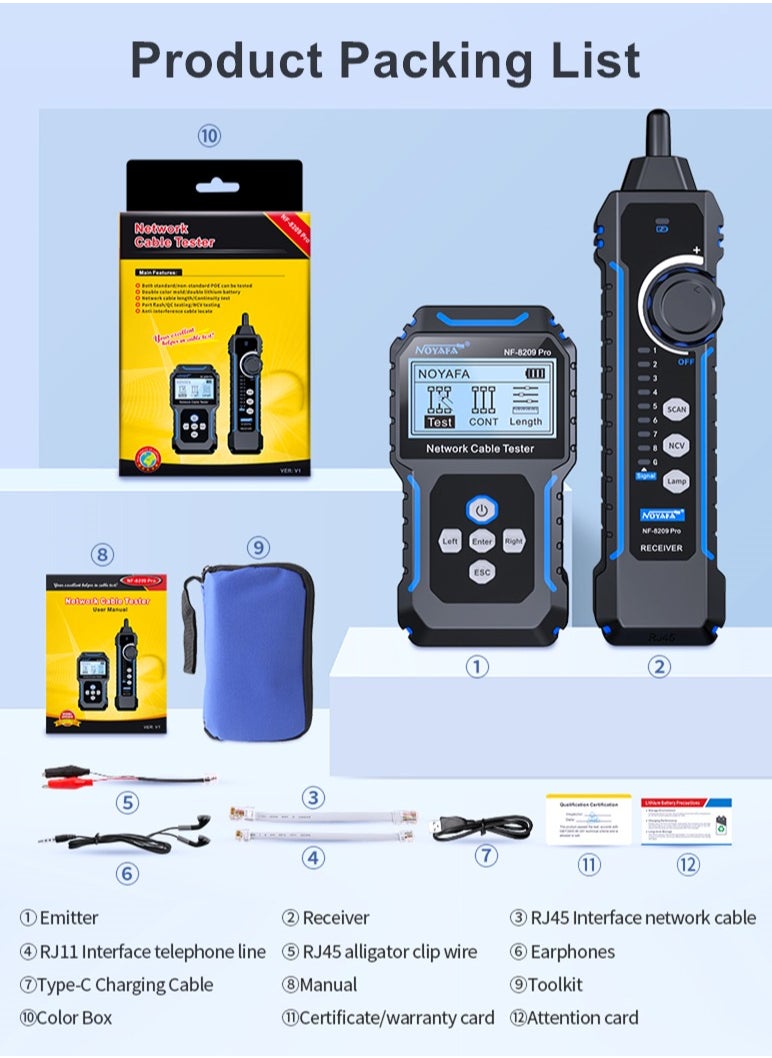 نويافا - جهاز اختبار كابلات الشبكة NF-8209Pro، مزود بتقنية PoE وNCV، واختبار طول الكابل، وتحديث المنافذ، ووضع مزدوج من خط إلى خط، ووضع مسح خطي خالٍ من المشاكل، ومتتبع خط CAT5 وCAT6، ومتتبع كابلات شبكة LAN - Image 1
