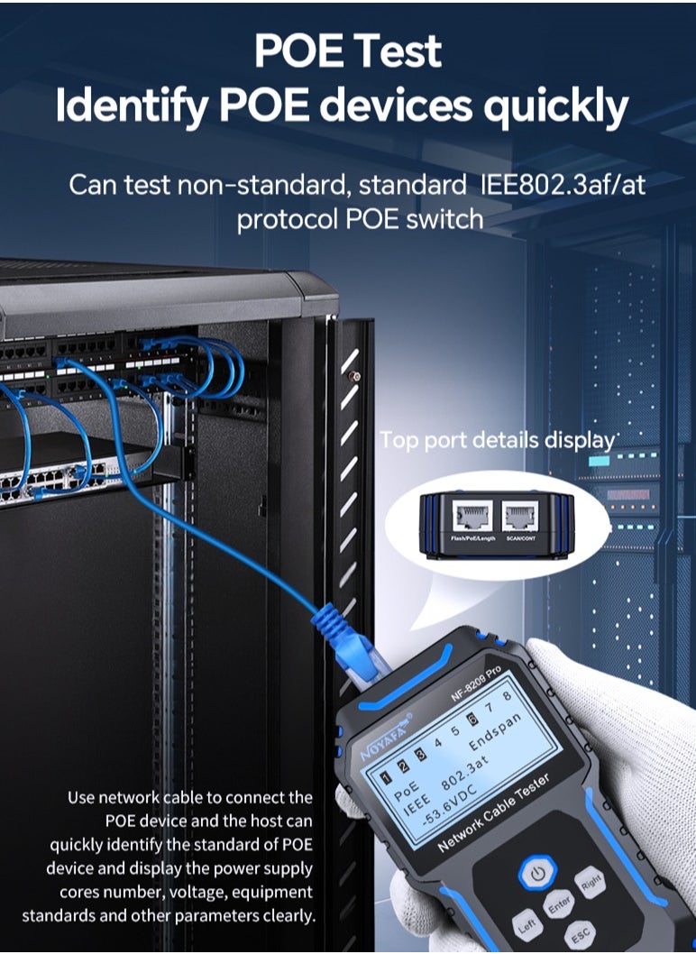 نويافا - جهاز اختبار كابلات الشبكة NF-8209Pro، مزود بتقنية PoE وNCV، واختبار طول الكابل، وتحديث المنافذ، ووضع مزدوج من خط إلى خط، ووضع مسح خطي خالٍ من المشاكل، ومتتبع خط CAT5 وCAT6، ومتتبع كابلات شبكة LAN - Image 1
