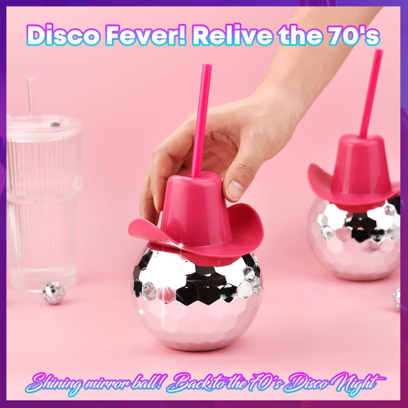 Haundry 6PCS Disco Ball Cups with Cowboy Hat and Straws, 20oz Novelty Sparkly Tumbler Cups for Bachelorette Party, Bridal Shower, Nightclub Decorations (Silver and Pink Hat) - Image 5