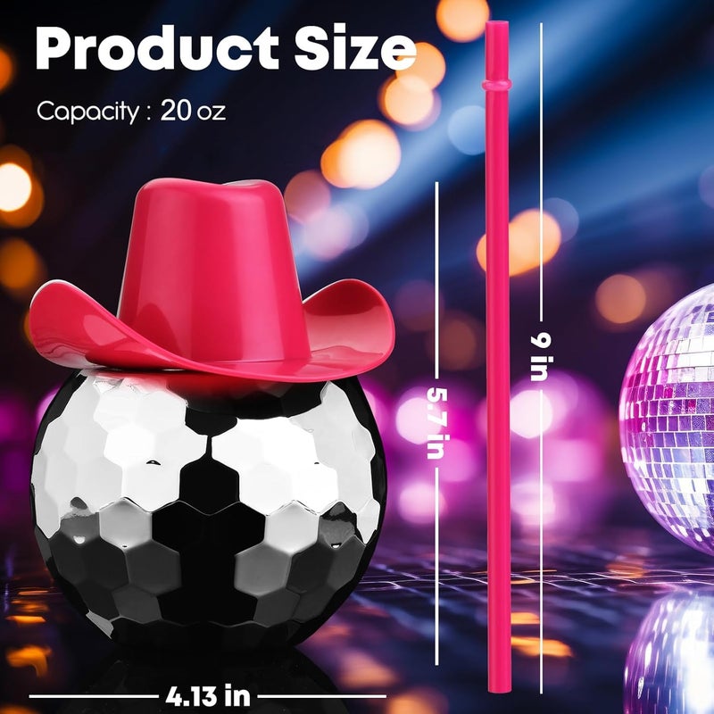 Haundry 6PCS Disco Ball Cups with Cowboy Hat and Straws, 20oz Novelty Sparkly Tumbler Cups for Bachelorette Party, Bridal Shower, Nightclub Decorations (Silver and Pink Hat) - Image 2