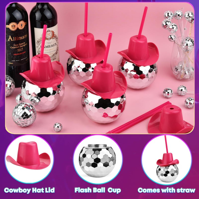 Haundry 6PCS Disco Ball Cups with Cowboy Hat and Straws, 20oz Novelty Sparkly Tumbler Cups for Bachelorette Party, Bridal Shower, Nightclub Decorations (Silver and Pink Hat) - Image 4