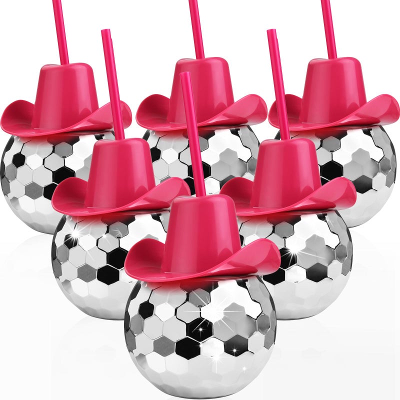 Haundry 6PCS Disco Ball Cups with Cowboy Hat and Straws, 20oz Novelty Sparkly Tumbler Cups for Bachelorette Party, Bridal Shower, Nightclub Decorations (Silver and Pink Hat) - Image 1