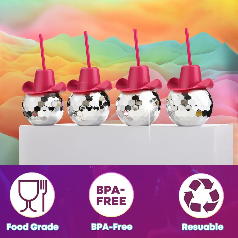 Haundry 6PCS Disco Ball Cups with Cowboy Hat and Straws, 20oz Novelty Sparkly Tumbler Cups for Bachelorette Party, Bridal Shower, Nightclub Decorations (Silver and Pink Hat) - Image 3