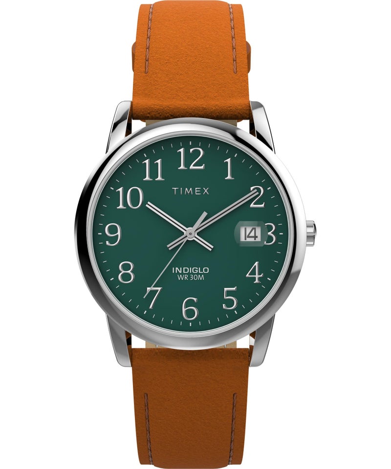 Timex Men's Easy Reader 35mm Watch - Brown Strap Green Dial Silver-Tone Case - Image 1