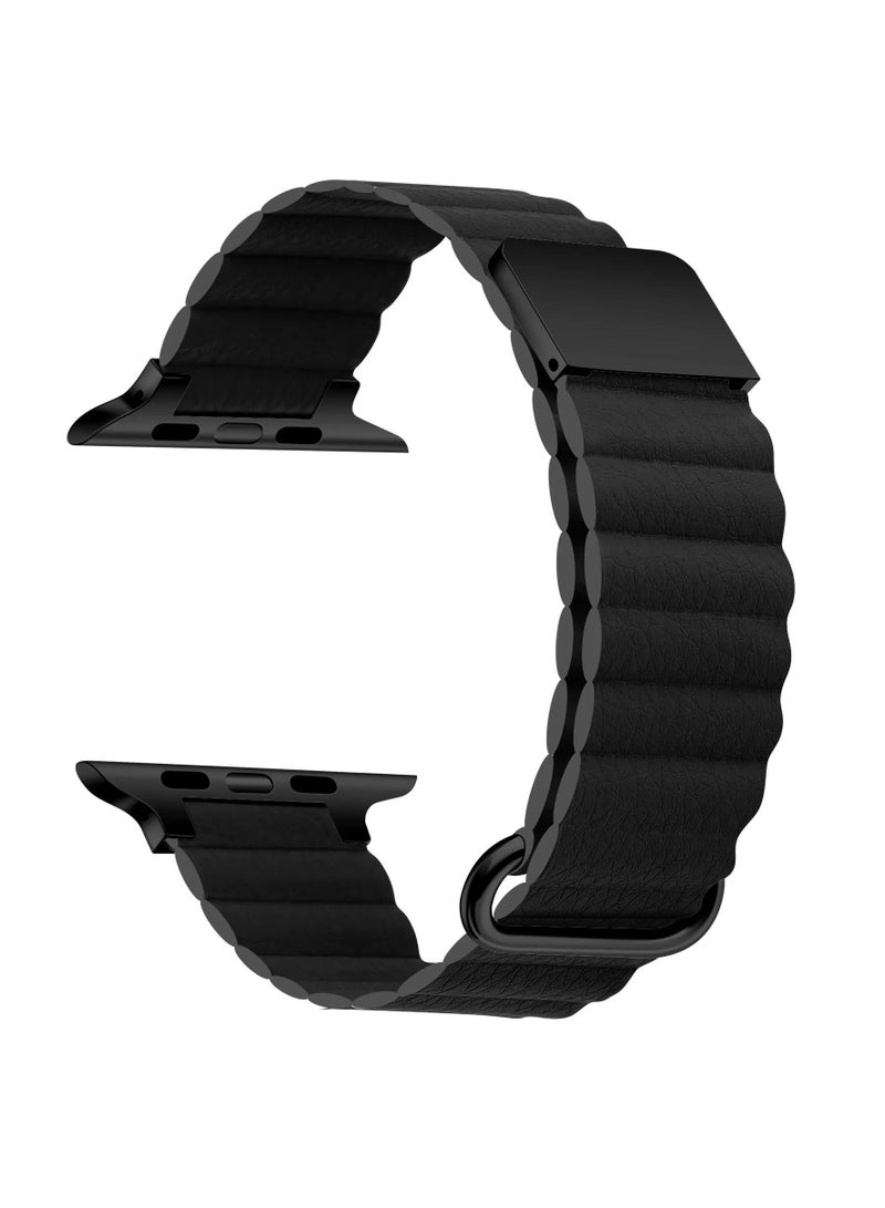 MOCOM Magnetic Leather Loop Strap Watch Band for Apple Watch Ultra 49mm Series 8 45mm 44mm 42mm Leather Magnet Ultra Band Strap – Black  - Image 1