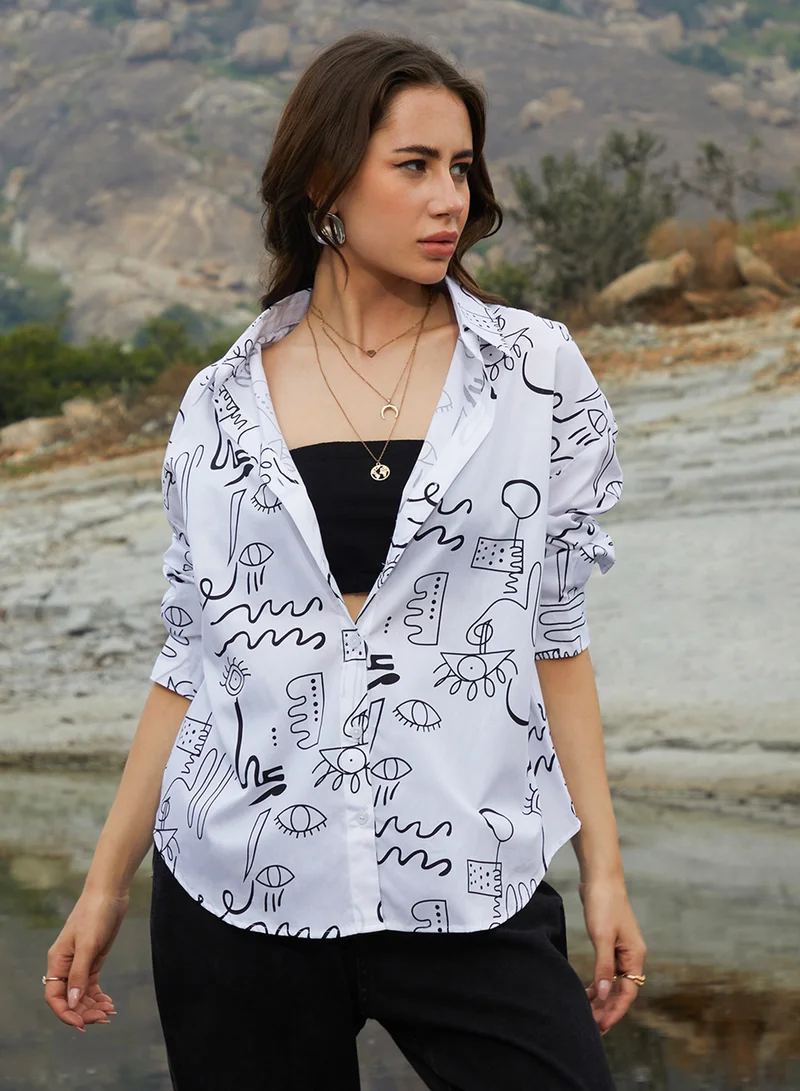 كامبوس سوترا قميص نسائي واسع بطبعة زهور بيضاء من كامبس سوترا للاستخدام اليومي بياقة عريضة وأكمام طويلة وإغلاق بأزرار