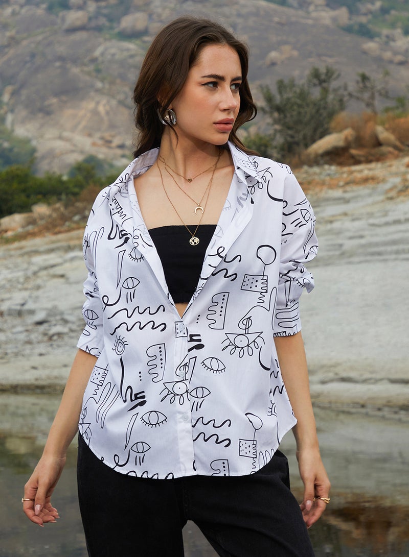 Campus Sutra Women's Daisy White Doodle Oversized Shirt - Image 2