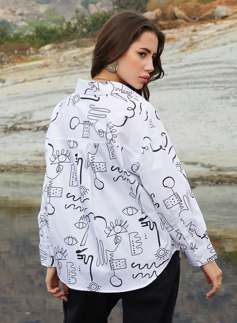 Campus Sutra Women's Daisy White Doodle Oversized Shirt - Image 5