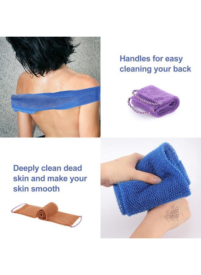 Tegeme 3 Pcs African Exfoliating Net Sponges Bath Back Scrubbers Long with Pull Strap Exfoliating Smoother Nylon Body Shower Loofahs Cloth for Women Men Daily Handles Washcloth Wash Purple Blue Coffee - Image 4