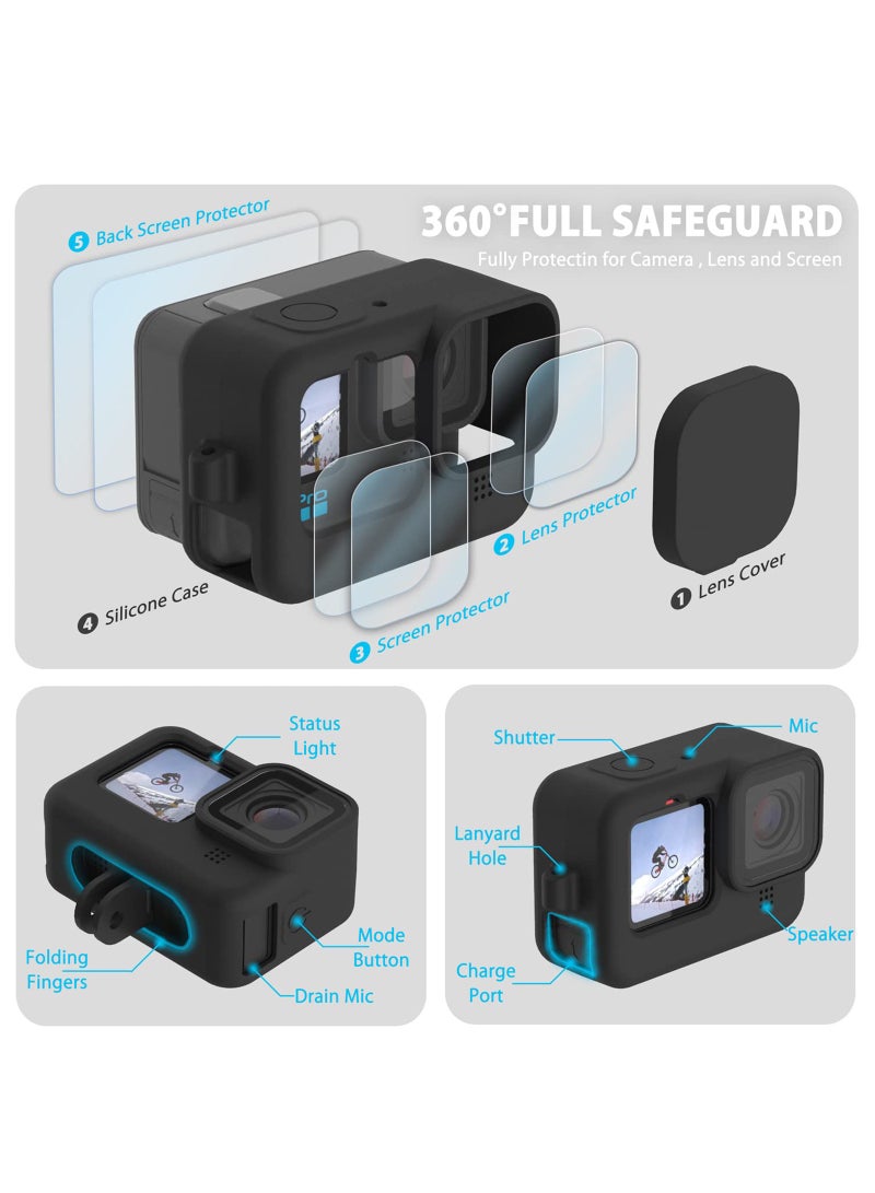 For GoPro Hero 12 / 11 / 10 / 9 Silicone Sleeve Case Cover,  Battery Side Cover, Screen Protectors, Lens Caps, Lanyard Accessories Kit  - Image 3