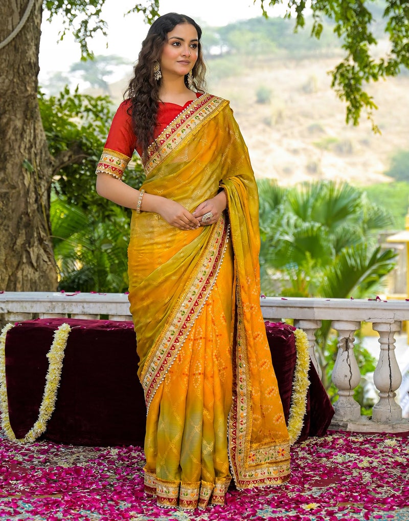SIRIL Women's Bandhani Printed, Foil Print, Sequins Embroidery And Pearl Lace Saree With Unstitched Blouse Piece(4988S131_Yellow, Light Green) - Image 3