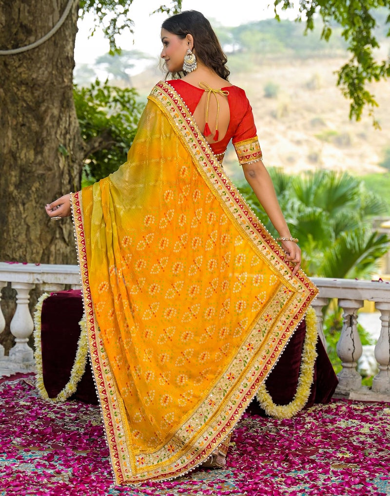 SIRIL Women's Bandhani Printed, Foil Print, Sequins Embroidery And Pearl Lace Saree With Unstitched Blouse Piece(4988S131_Yellow, Light Green) - Image 4