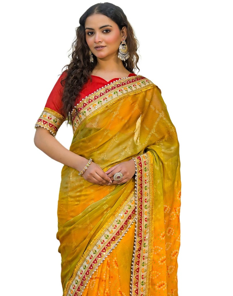 SIRIL Women's Bandhani Printed, Foil Print, Sequins Embroidery And Pearl Lace Saree With Unstitched Blouse Piece(4988S131_Yellow, Light Green) - Image 1