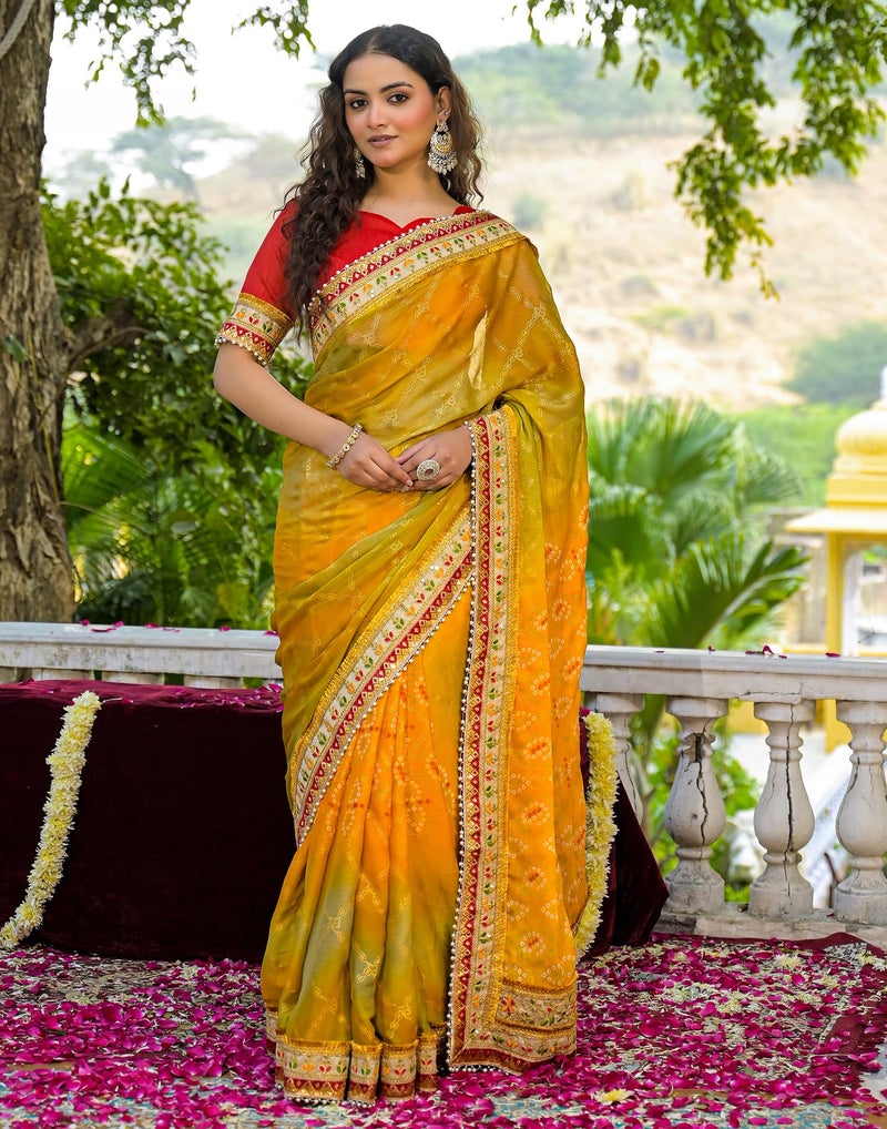 SIRIL Women's Bandhani Printed, Foil Print, Sequins Embroidery And Pearl Lace Saree With Unstitched Blouse Piece(4988S131_Yellow, Light Green) - Image 2
