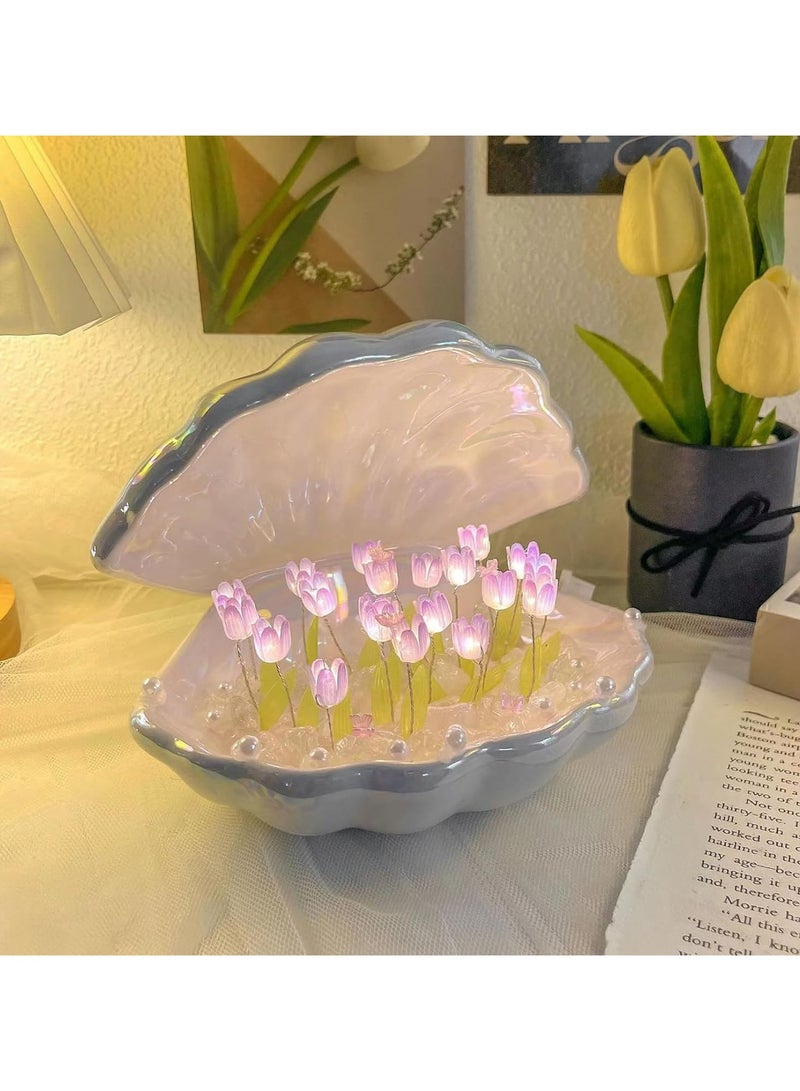 general DIY Tulip Small Lamp, 20 Flowers Seashell Table Lamp, 2 in 1 Portable LED Handmade Bedroom Decoration Creative Gift for Teenage Girls, Friends, Children, Birthday, Mothers - Image 1