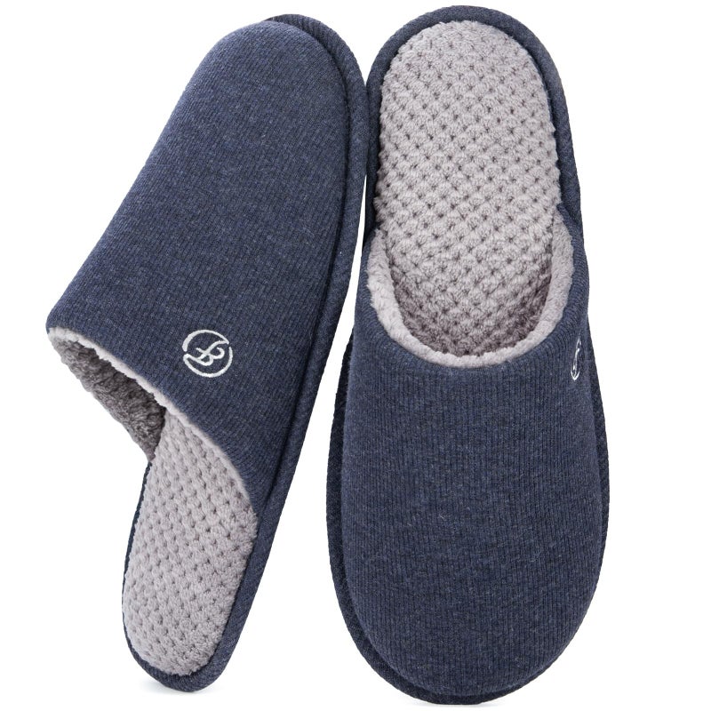EverFoams Men's Cotton Knit Slippers Lightweight Memory Foam Indoor House Shoes with Anti-Skid Sole (11-12 M US, Navy Blue) - Image 1