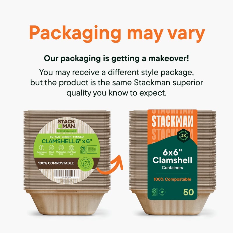 Stack Man 100% Compostable Clamshell Take Out Food Containers [6x6" 50-Pack] Heavy-Duty Quality to go Containers, Natural Disposable Bagasse, Eco-Friendly Biodegradable Made of Sugar Cane Fibers - Image 5