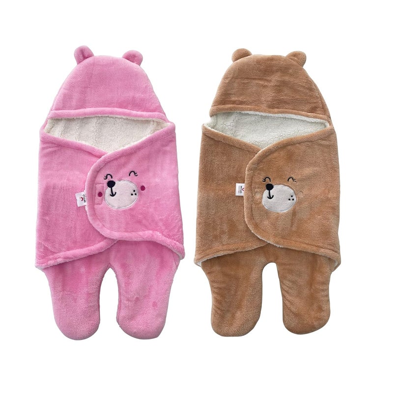 MYLO MYLO Baby UltraSoft Cute Baby Pack of 2 Swaddling Wrapper All Season Ac Blanket Multipurpose Hoodie Teddy Bear06 Months Light PinkLight Brown