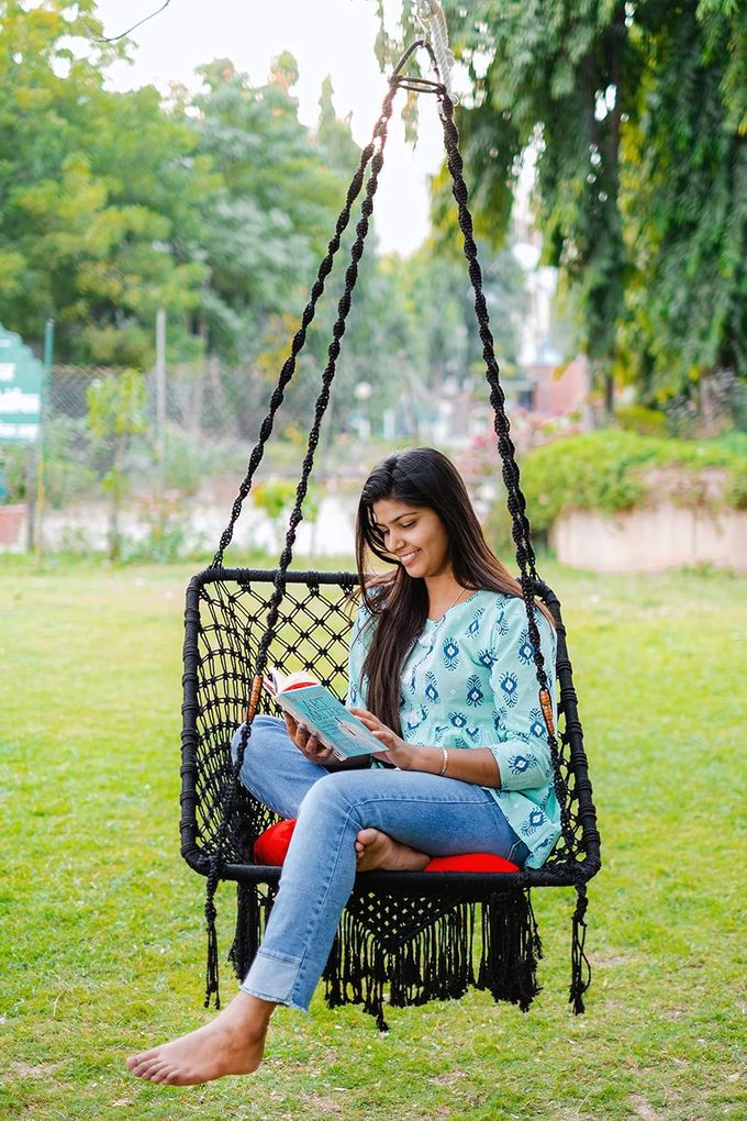 SWINGZY Polyester Polyester Blend Premium Large SquareShape Swing Hanging Hammock Chair for Home Indoor Outdoor Patio Balcony GardenJhula for Adults Accessories Included Black