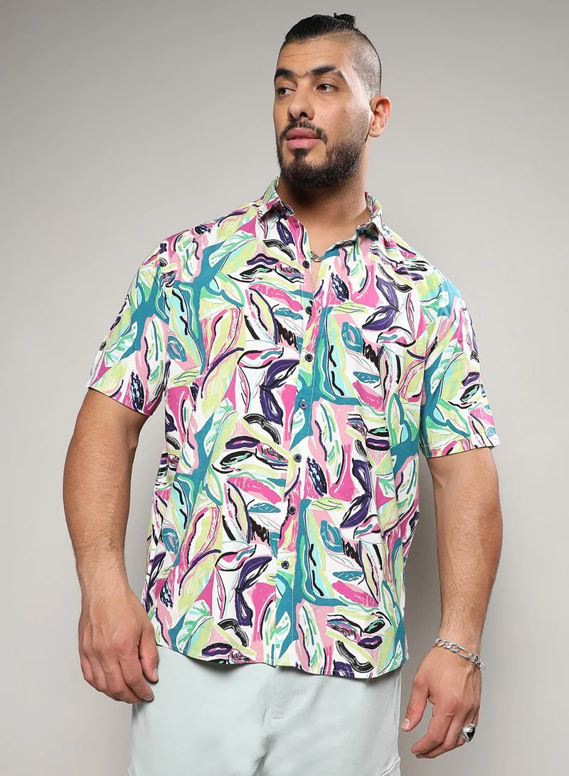 Instafab Plus Instafab Plus Men's Pink & Green Abstract Foilage Shirt For Casual Wear | Spread Collar | Short Sleeve | Button Closure | Heavy Rayon Shirt Crafted With Comfort Fit For Everyday Wear
