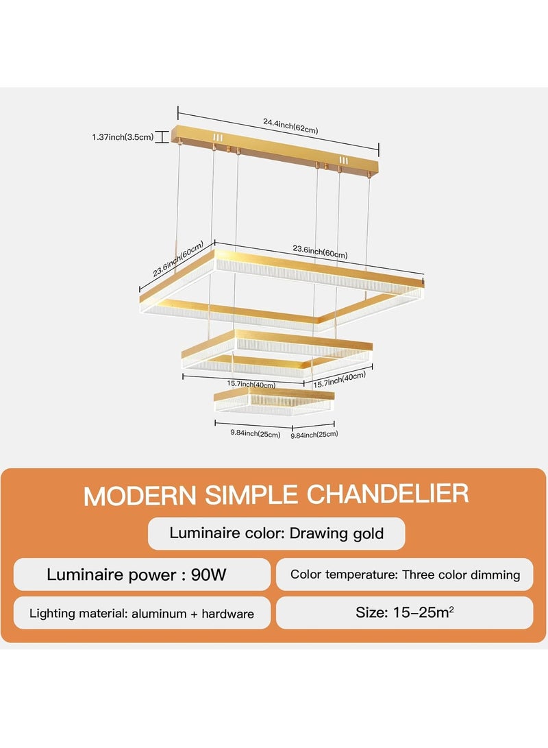 YATAI LIGHTING 3 Square Chandelier Living Room, LED Modern Gold 60cm Side Length Dimmable Chandelier Lamp, Chandelier Light Fixture for Dining Room, Bedroom,3000-6000K,90W  - Image 2