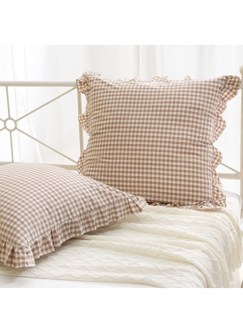 K MASANIJI K MASANIJI 2 Pack Taupe White Plaid Ruffle Euro Pillow Shams 26x26 inches Washed Cotton Gingham Camel Brown Fall Decorative Pillow Covers for BedSofa 26x26 inches TaupeWhite Plaid 