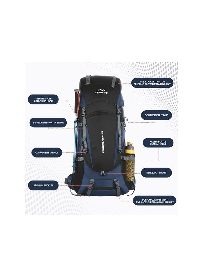Trawoc حقيبة ظهر ترافوك القابلة للتعديل بسعة 65 لتر للرحلات والتخييم والسفر للرجال والنساء مع تحميل أمامي وعلوي/غطاء مطري مقاوم للماء/حجرة للأحذية، Hk011 - Image 3