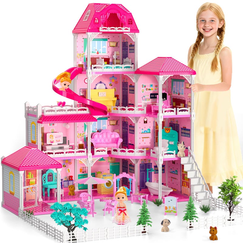 Doloowee Dollhouses for Girls Housetoys with Furniture 4 Floor 10 Rooms DIY House Slide Accessories Toddler Playhouse with 2 Princesses Toys for for 3 4 5 6 7 8 9 10 Year Old Girls - Image 2
