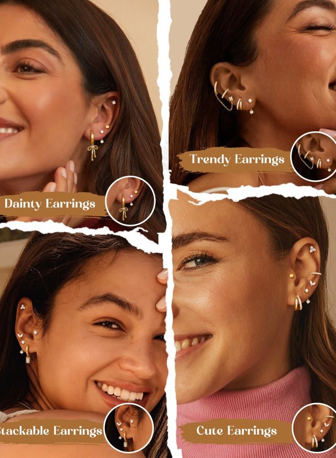 ORAZIO Small Hoop Stud Earrings Stacks for Women 14K Gold Plated Silver Huggie Hoops Cartilage Hypoallergenic Chain Cute Dangle Earrings Set for Multiple Piercings Jewelry, Copper, Cubic Zirconia - Image 2