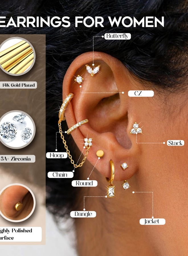 ORAZIO Small Hoop Stud Earrings Stacks for Women 14K Gold Plated Silver Huggie Hoops Cartilage Hypoallergenic Chain Cute Dangle Earrings Set for Multiple Piercings Jewelry, Copper, Cubic Zirconia - Image 5